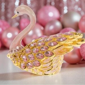 New Elegant Pink Rhinestone and Gold tone Swan jewelry box